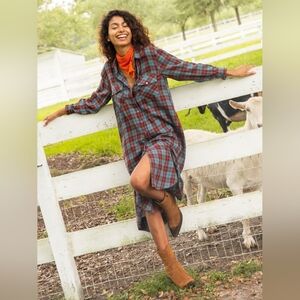 Natural Life Cooper Flannel Shirt Dress - Turquoise Orange Plaid Flannel S